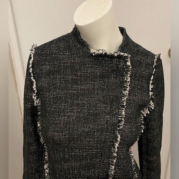 New Ann Taylor Black Tweed Fringe Asymmetrical Zip Moto Jacket Blazer - Picture 5 of 9